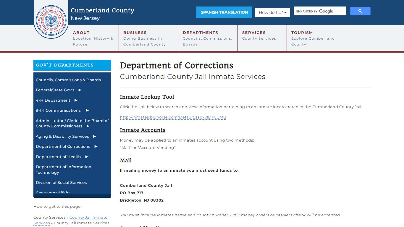 County Jail Inmate Services - Cumberland County, New Jersey (NJ)